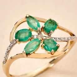 Bague Orchidee Or Jaune Emeraude Diamant