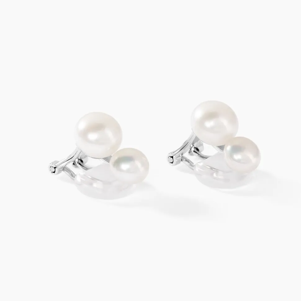 Boucles D'oreilles Clips Argent Blanc Viano Perles Oxydes