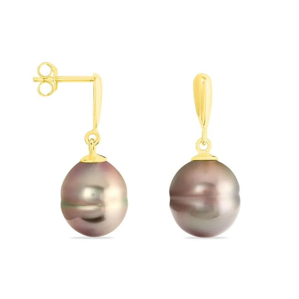 Boucles D'oreilles Pendantes Semi-baroque Or Jaune Perle De Tahiti