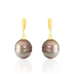 Boucles D'oreilles Pendantes Semi-baroque Or Jaune Perle De Tahiti