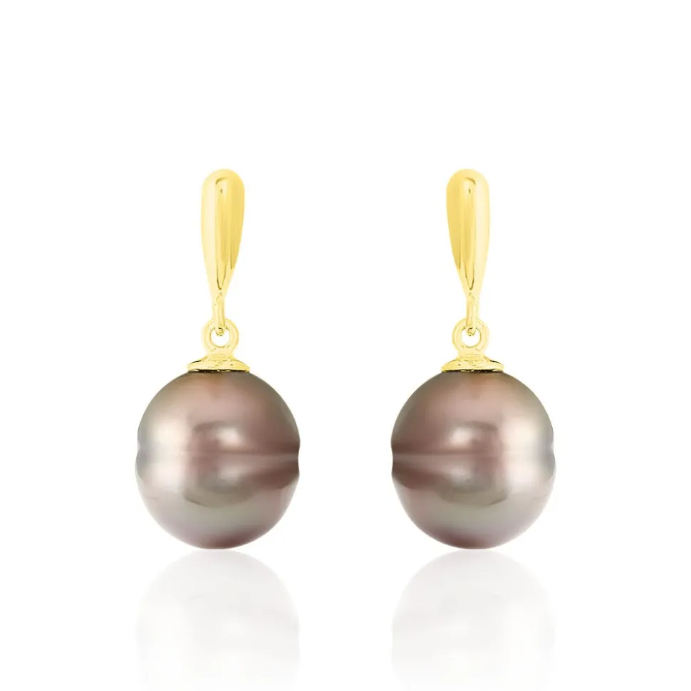 Boucles D'oreilles Pendantes Semi-baroque Or Jaune Perle De Tahiti