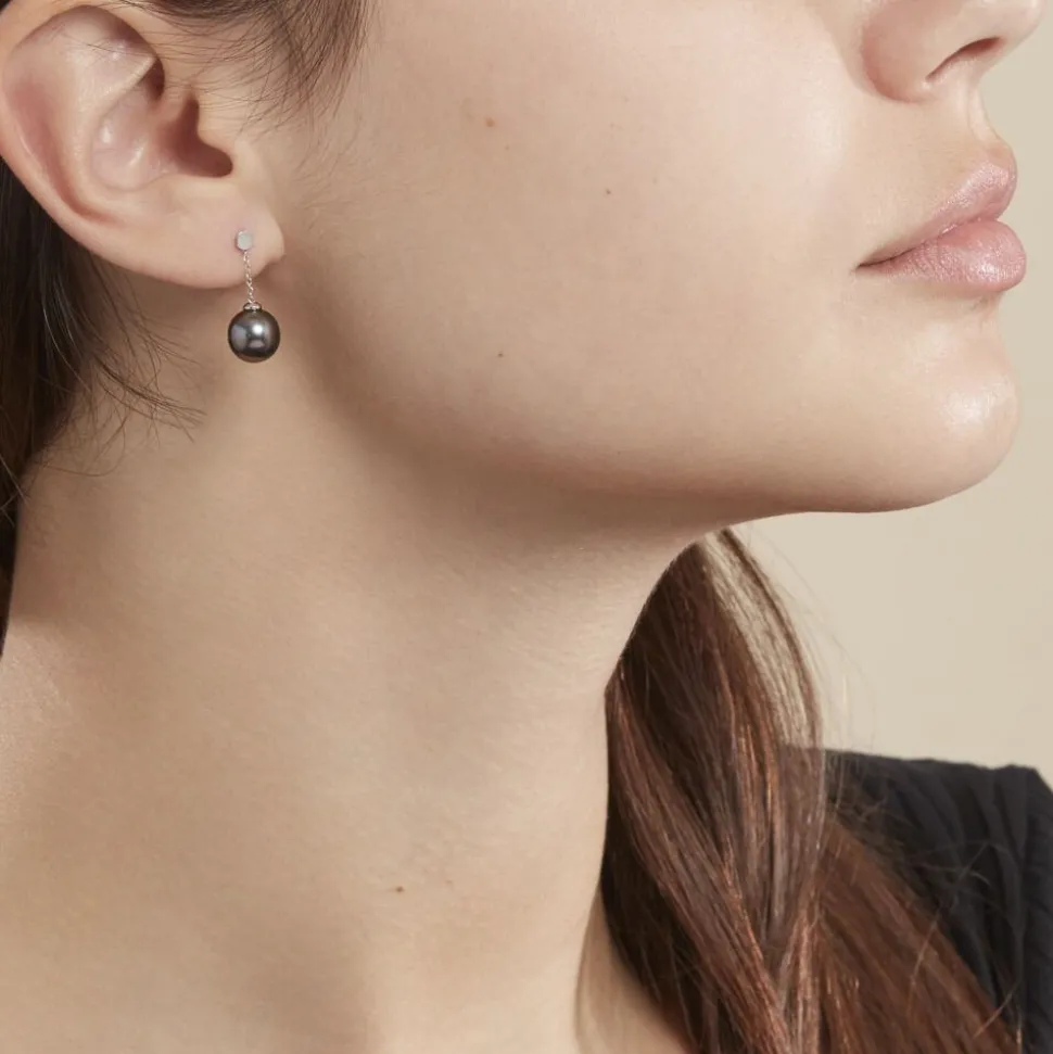 Boucles D'oreilles Pendantes Semi-ronde Or Blanc Perle De Tahiti