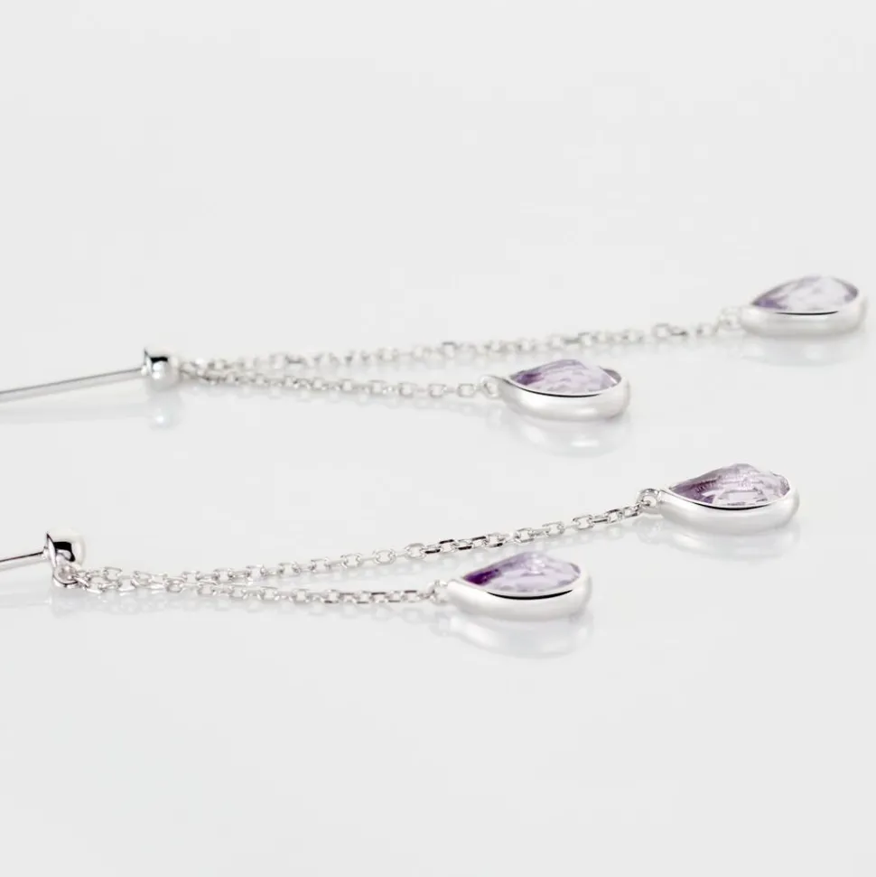 Boucles D'oreilles Pendantes Djime Or Blanc Amethyste