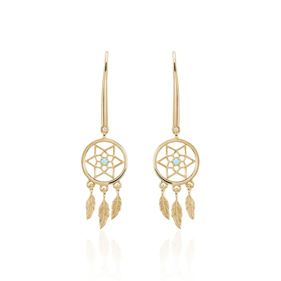 Boucles D'oreilles Pendantes Attrape Reves Plaque Or Pierre