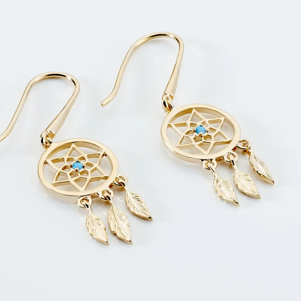 Boucles D'oreilles Pendantes Attrape Reves Plaque Or Pierre