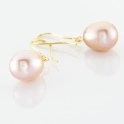 Boucles D'oreilles Pendantes Rose Or Jaune Perle De Culture