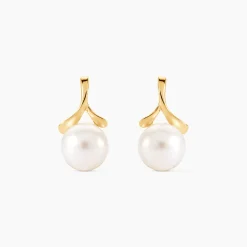 Boucles D'oreilles Pendantes Campanule Or Jaune Perle De Culture