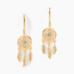 Boucles D'oreilles Plaqué Or Jaune Attrape Rêves Turquoises