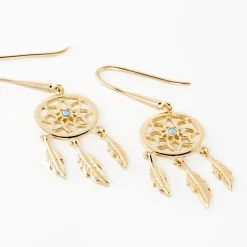 Boucles D'oreilles Plaqué Or Jaune Attrape Rêves Turquoises