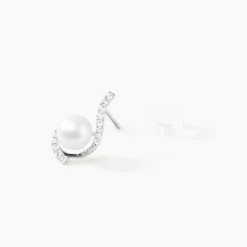 Boucles D'oreilles Puces Cassiopea Or Blanc Oxyde Et Perle De Culture