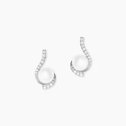 Boucles D'oreilles Puces Cassiopea Or Blanc Oxyde Et Perle De Culture