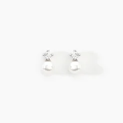 Boucles D'oreilles Puces Eolande Or Blanc Perle De Culture Et Oxyde