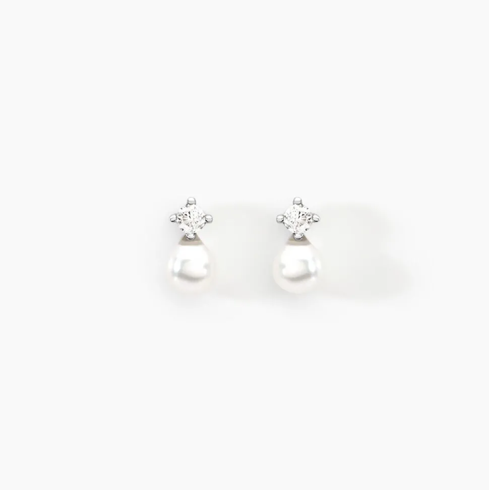 Boucles D'oreilles Puces Eolande Or Blanc Perle De Culture Et Oxyde