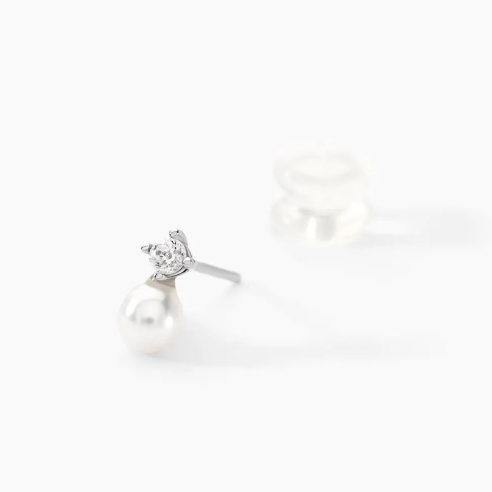 Boucles D'oreilles Puces Eolande Or Blanc Perle De Culture Et Oxyde