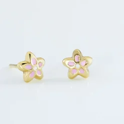 Boucles D'oreilles Puces Fleur Email Or Jaune