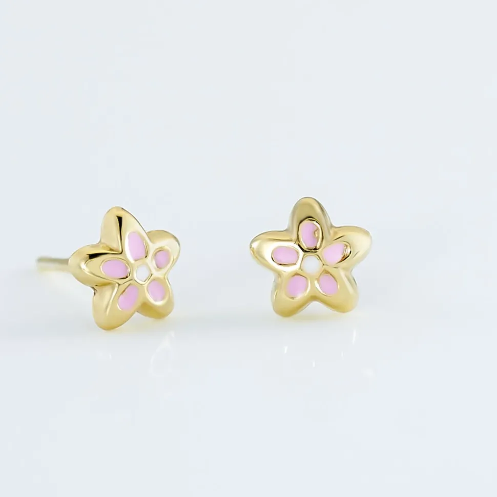 Boucles D'oreilles Puces Fleur Email Or Jaune