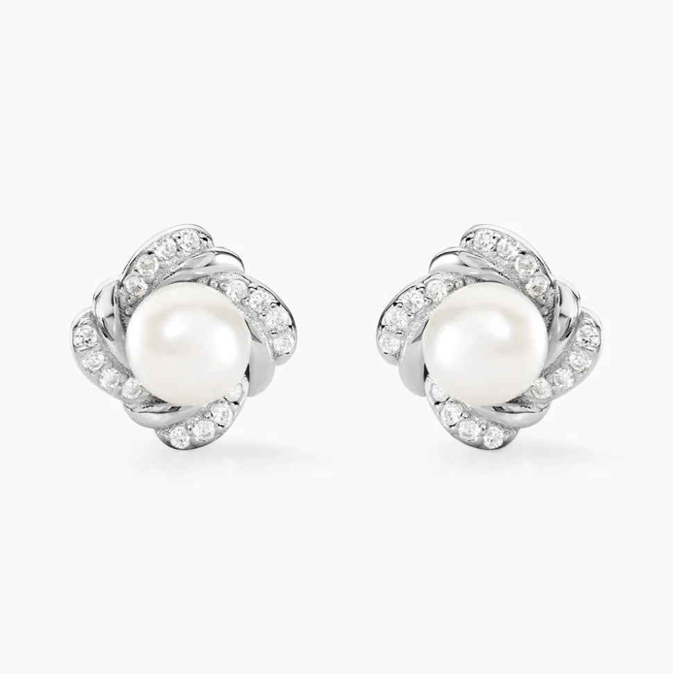 Boucles D'oreilles Puces Laetoria Argent Blanc Perle De Culture Oxyde