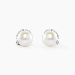 Boucles D'oreilles Puces Lucinda Or Blanc Perle De Culture Et Oxyde