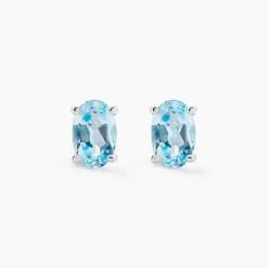 Boucles D'oreilles Puces Ovale Serti Griffe Or Blanc Topaze