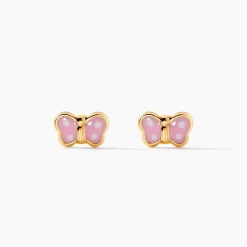 Boucles D'oreilles Puces Papillon Rose Or Jaune