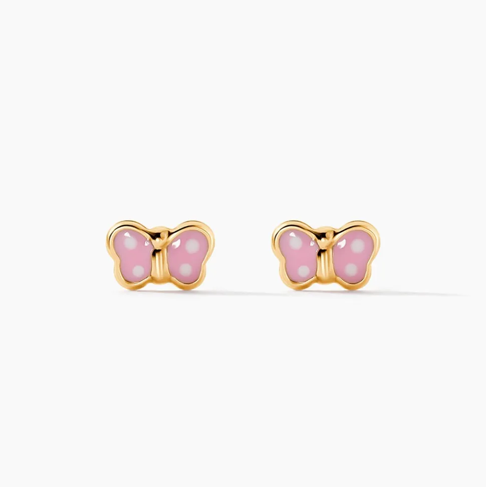 Boucles D'oreilles Puces Papillon Rose Or Jaune