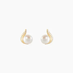 Boucles D'oreilles Puces Pearly Or Jaune Perle De Culture Et Oxyde