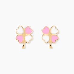 Boucles D'oreilles Puces Trefle Email Or Jaune