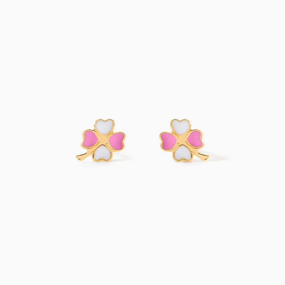 Boucles D'oreilles Puces Trefle Email Or Jaune