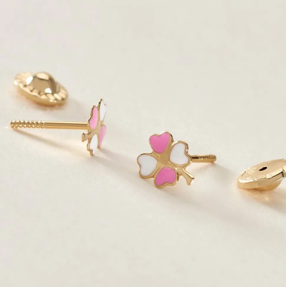 Boucles D'oreilles Puces Trefle Email Or Jaune
