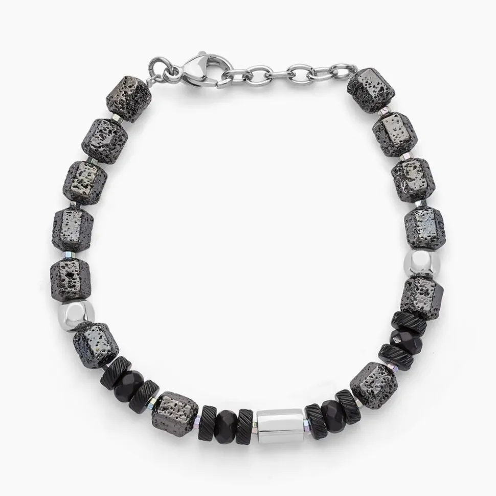 Bracelet Dark Pearl Acier Bicolore Pierre De Lave Hématite