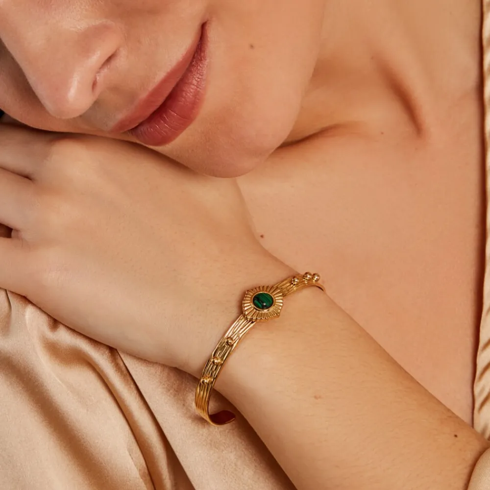 Marc Orian Bracelets Acier Inoxydable|Bracelets Joncs > Bracelet Jonc Athena Acier Doré Malachite