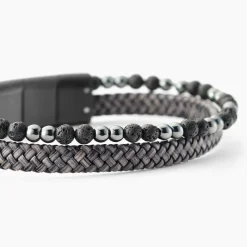 JOURDAN Bracelets Cuir|Bracelets Homme > Bracelet Cuir De Vache Gris Hématite Pierre De Lave