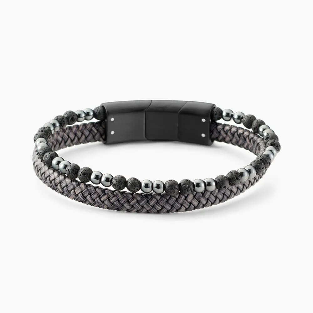 JOURDAN Bracelets Cuir|Bracelets Homme > Bracelet Cuir De Vache Gris Hématite Pierre De Lave