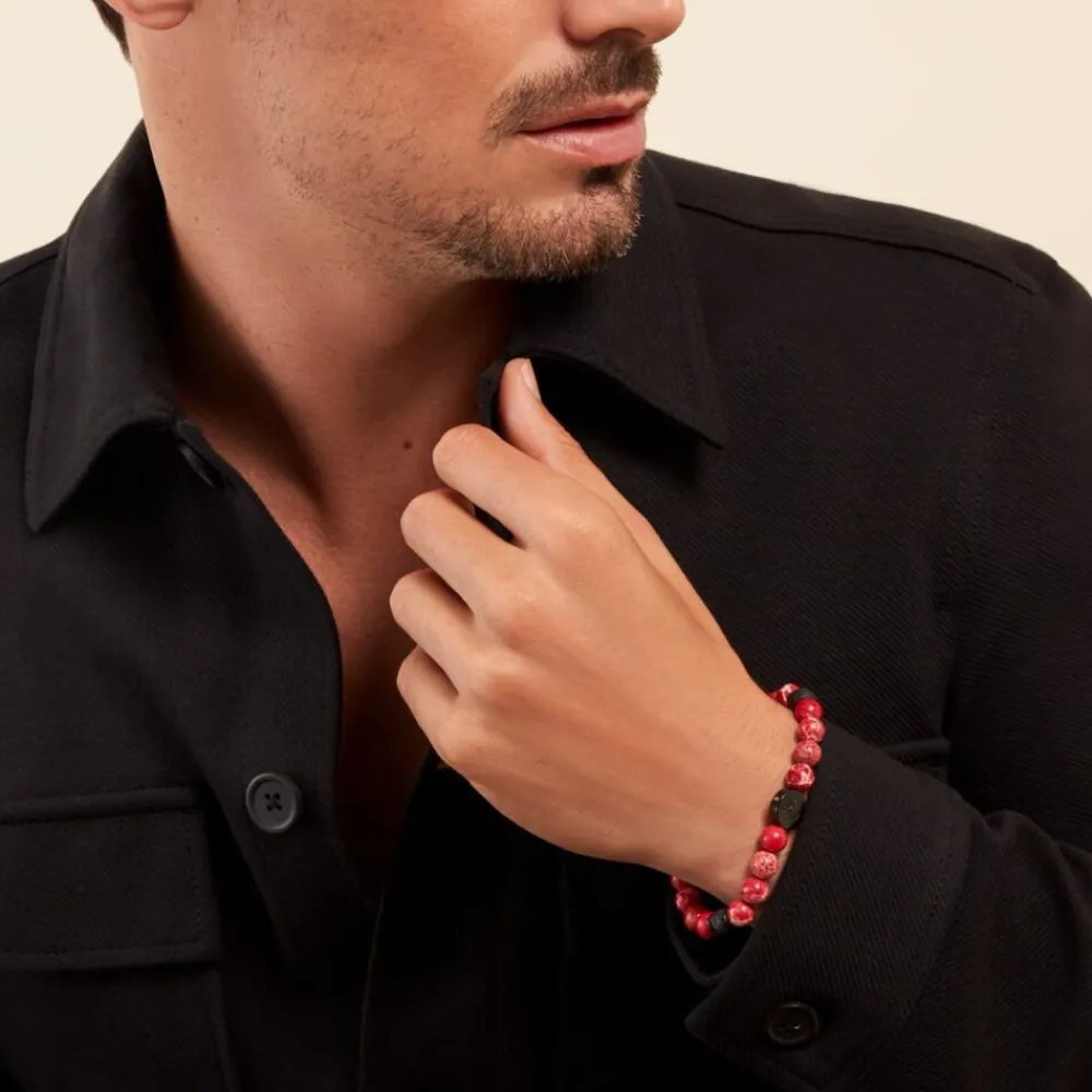 JOURDAN Bracelets Homme|Bracelets Quartz > Bracelet Yasur Acier Noir Oeil De Tigre Pierre De Lave acier noir oeil de tigre rouge