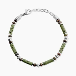 Bracelet Naturel Acier Blanc Jaspe Africain Pierre De Lave