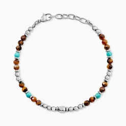 Bracelet Naturel Acier Blanc Oeil De Tigre Turquoise