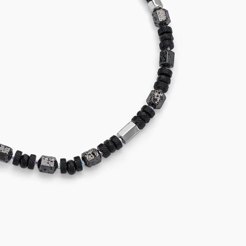 Collier Dark Pearl Acier Bicolore Pierre De Lave Hématite