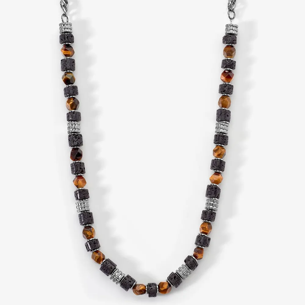 JOURDAN Colliers Fantaisie|Colliers > Collier Bengale Acier Argenté Oeil De Tigre Pierre De Lave
