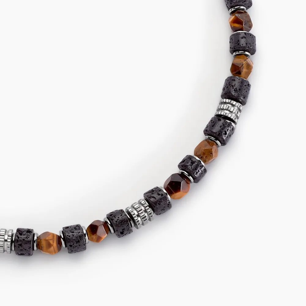 JOURDAN Colliers Fantaisie|Colliers > Collier Bengale Acier Argenté Oeil De Tigre Pierre De Lave